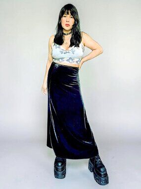 VTG 90s paper tag dark green rib cage high fairy goth grunge velvet maxi skirt 4